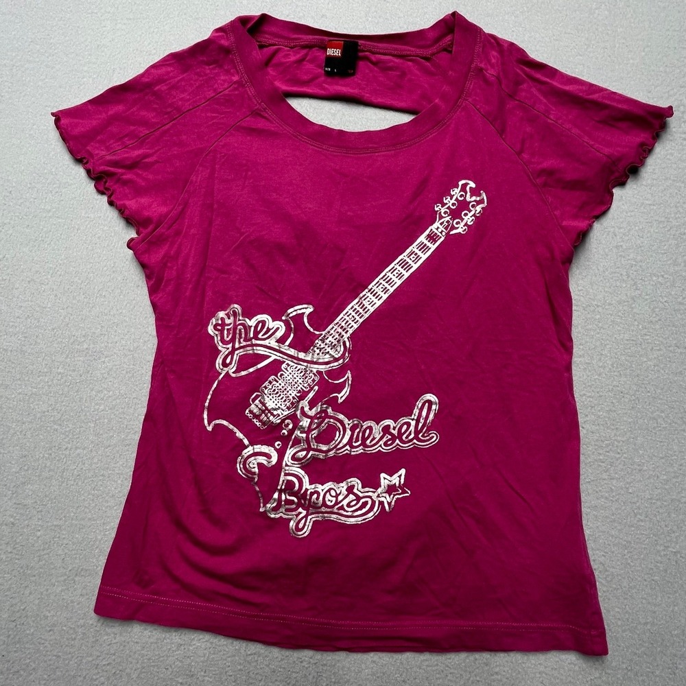 Diesel Women's Y2K Pink Graphic Tee Cutout Back Distressed Top Size L